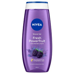 Purple NIVEA Fresh Powerfruit shower gel bottle with blue cap, 250 ml