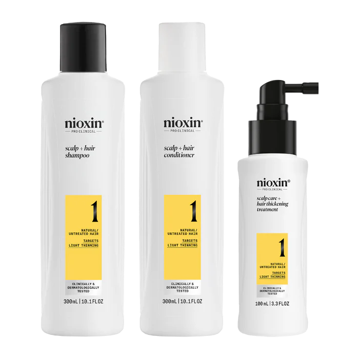 Nioxin scalp + hair thickening system kit: shampoo, conditioner, scalp treatment bottles