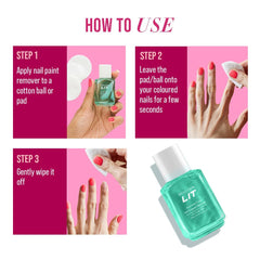 MyGlamm LIT nail enamel remover bottle with illustrated how-to usage steps