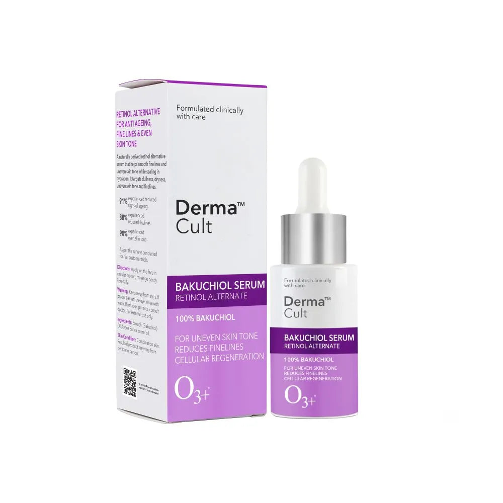 Derma Cult Bakuchiol Serum bottle and box with purple label and dropper cap