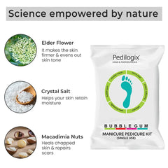 Bubblegum manicure pedicure kit pouch with ingredient labels: elder flower, crystal salt