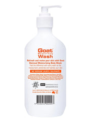 Moisturizing body wash bottle with pump, back label with ingredients, white and orange