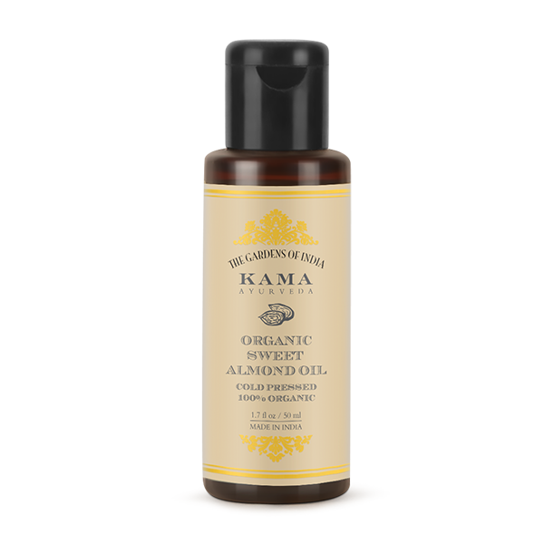 Kama Ayurveda organic sweet almond oil bottle, amber glass with black cap, 50 ml