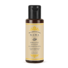 Kama Ayurveda organic sweet almond oil bottle, amber glass with black cap, 50 ml