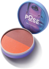 HD blush duo compact with coral-orange and rose-brown shades in open blue lid