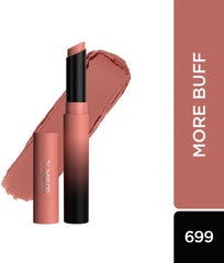 Nude pink matte lipstick with swatch, black tube and rose-pink cap