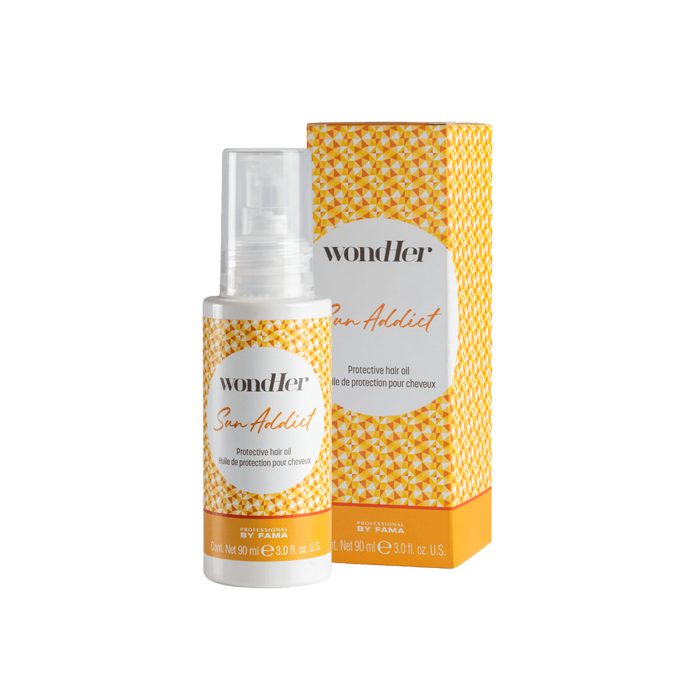 Protective hair oil bottle and box set, orange patterned packaging, 90 ml