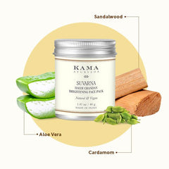 Kama Suvarna face pack jar with silver lid, shown with sandalwood and aloe vera ingredients
