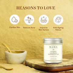 Kama Suvarna face pack jar with mortar and pestle and anti-aging icons