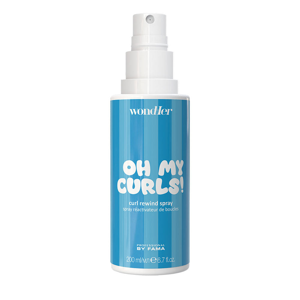 Wondher Oh My Curls curl rewind spray bottle, 200 ml, white pump, blue label