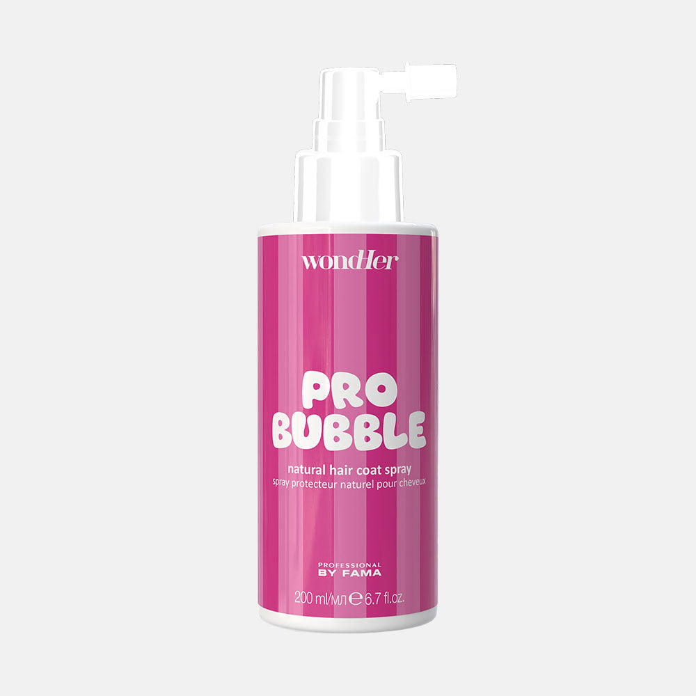 Pro Bubble natural hair coat spray bottle with pink label, white nozzle, 200 ml
