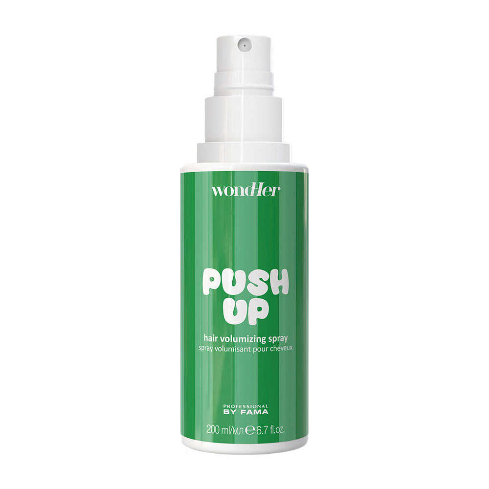 Hair volumizing spray bottle with white pump and green label