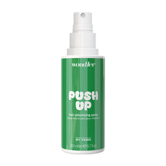 Hair volumizing spray bottle with white pump and green label