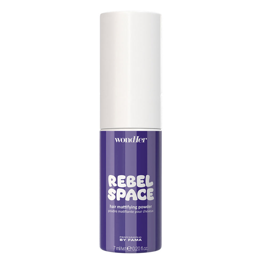 Wondher Rebel Space hair mattifying powder bottle, purple with white cap