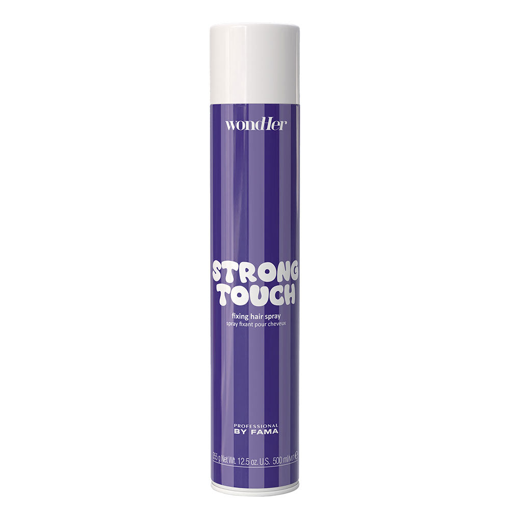 Wondher Strong Touch fixing hair spray bottle, 500 ml, white and purple label