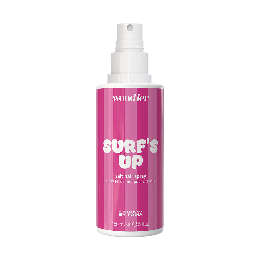 Salt hair spray bottle with pink striped label and white spray cap
