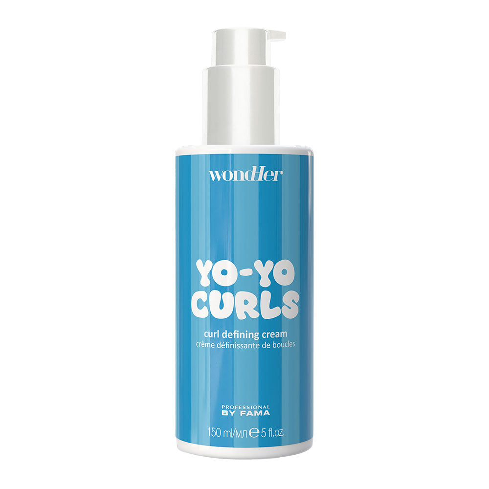 Yo-Yo Curls curl defining cream bottle with pump, blue label, 150 ml