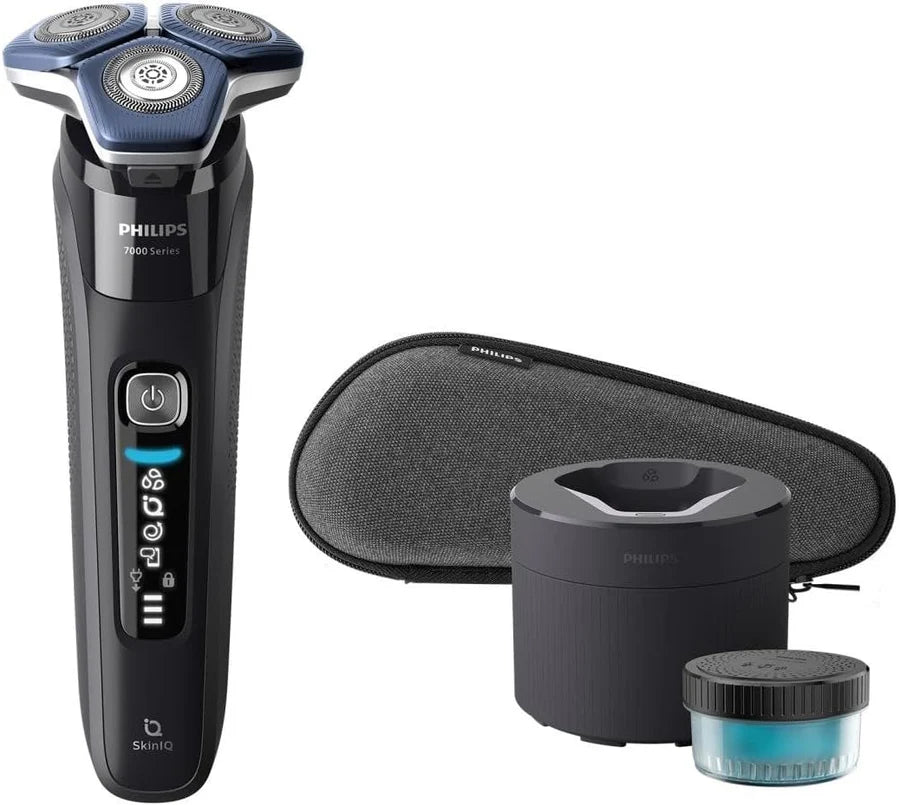 Philips electric shaver with blue foil heads, dock, and protective cap
