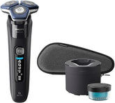Philips electric shaver with blue foil heads, dock, and protective cap