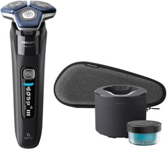 Philips electric shaver with blue foil heads, dock, and protective cap
