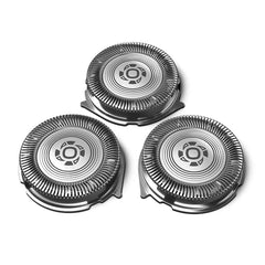 Set of three round Philips shaving head foils with silver blades and dark frames
