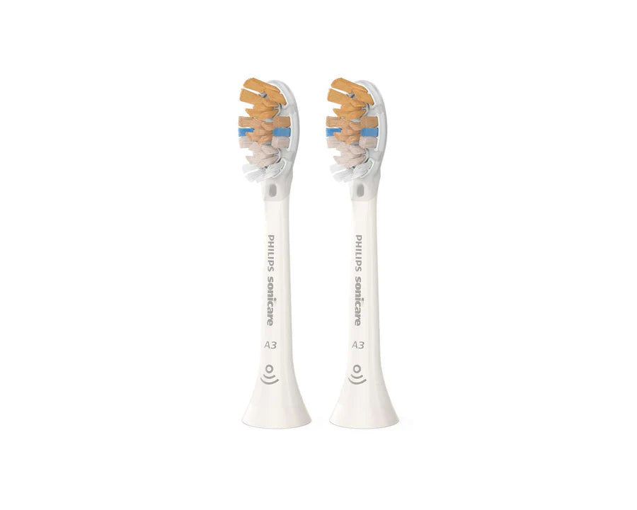 Philips Sonicare A3 all-in-one heads, 2-pack, white bases with orange and blue bristles