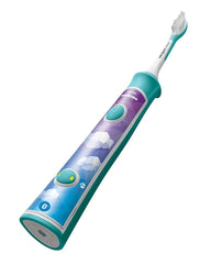 Philips Sonicare kids electric toothbrush, angled view, teal handle with purple panel