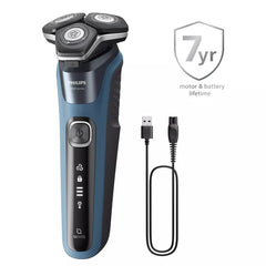 Electric rotary shaver with USB charging cable and plug, blue and black