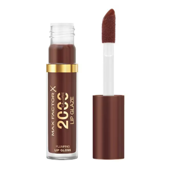 Max Factor Lip Glaze in dark chocolate-brown shade, with wand applicator and bottle