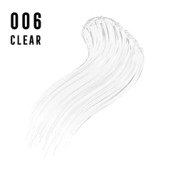 Clear brow gel swatch in wavy ribbon, glossy transparent gel