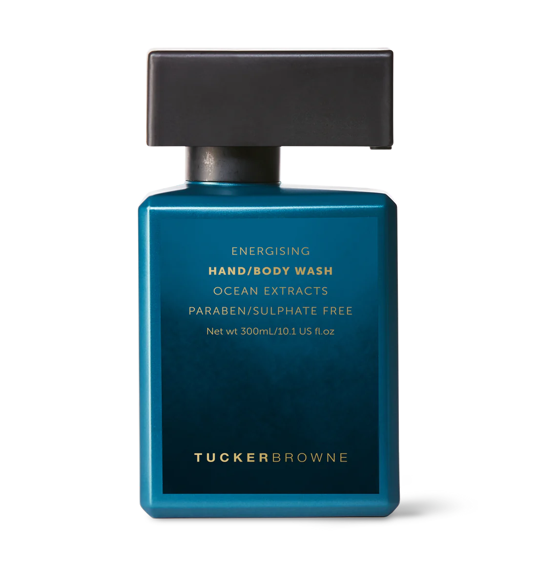 Hand/body wash bottle with flip-top cap, turquoise blue label