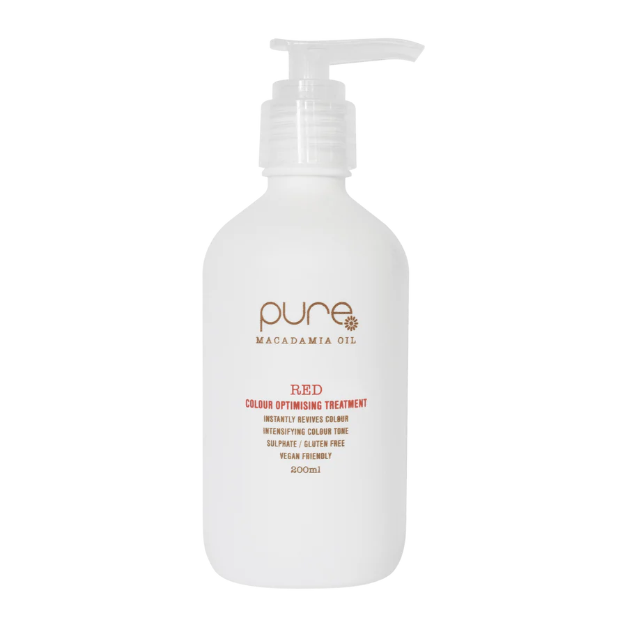Color optimizing treatment pump bottle, red formula in white bottle