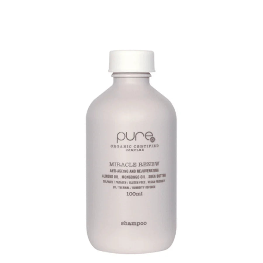Renew shampoo bottle, white cap, 100 ml, Pure Organic Certified label.