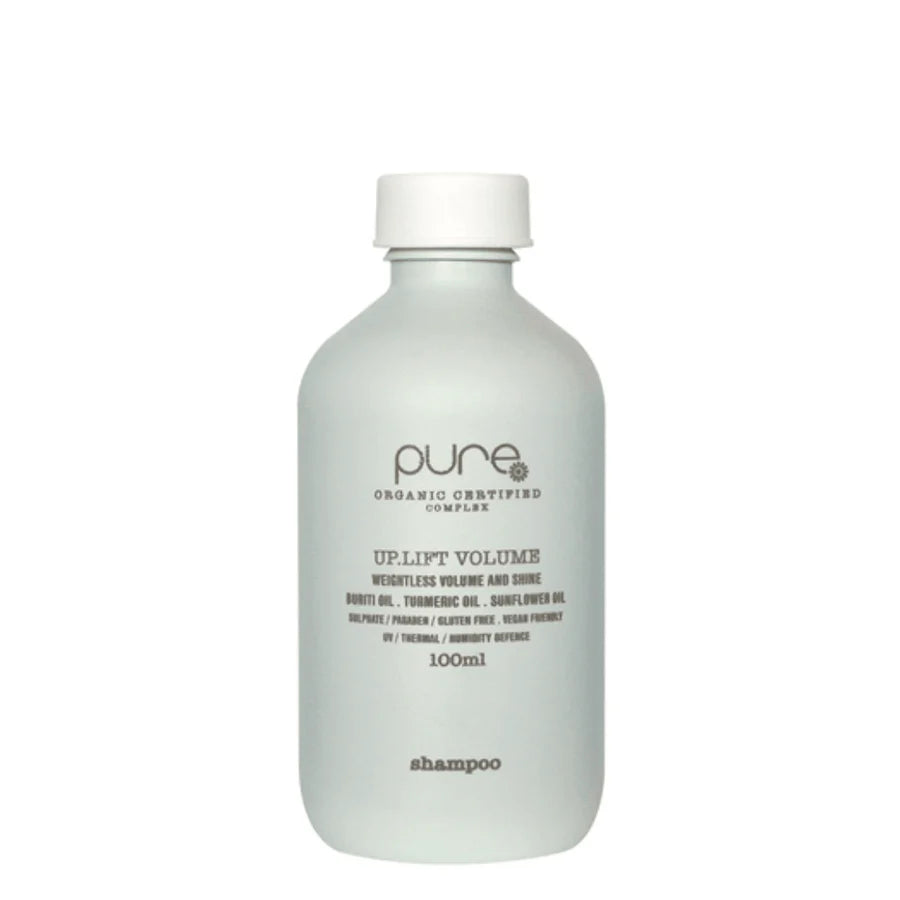 Pure uplift volume shampoo bottle, 100 ml, white plastic with flip-top cap