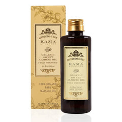 Sweet almond oil bottle with gold cap and gift box, front view