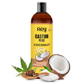Castor Plus coconut oil bottle, amber glass with black pump and Rey Naturals label