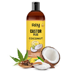 Castor Plus coconut oil bottle, amber glass with black pump and Rey Naturals label