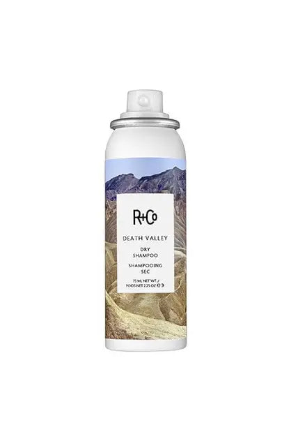 R+Co Death Valley dry shampoo travel bottle, white label and silver cap