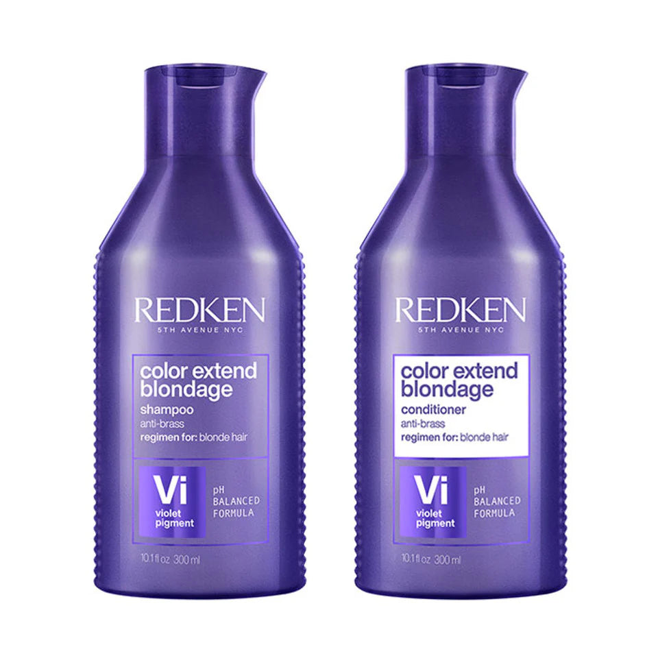 Redken Color Extend Blondage shampoo and conditioner bottles, purple, labeled Violet