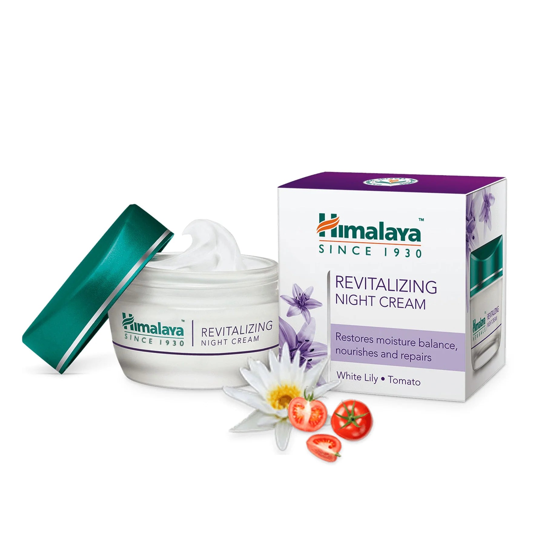 White night cream jar with teal open lid, Himalaya revitalizing