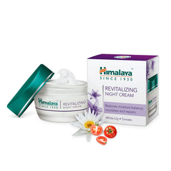 White night cream jar with teal open lid, Himalaya revitalizing
