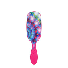 Hair brush with colorful spiral head and pink handle, rounded bristle pad.
