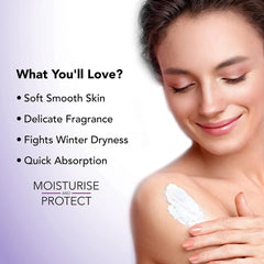 Woman applying white body lotion to shoulder for soft, smooth skin