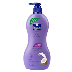 Parachute Advanced Deep Nourish body lotion bottle with pump, purple coconut-milk formula