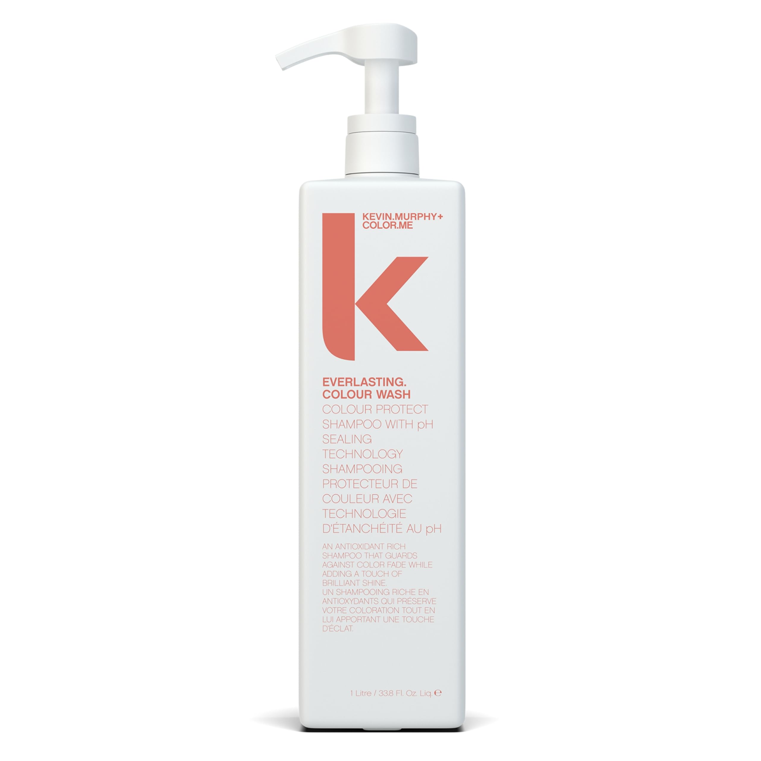 Color-protecting shampoo pump bottle, white with peach label and K logo