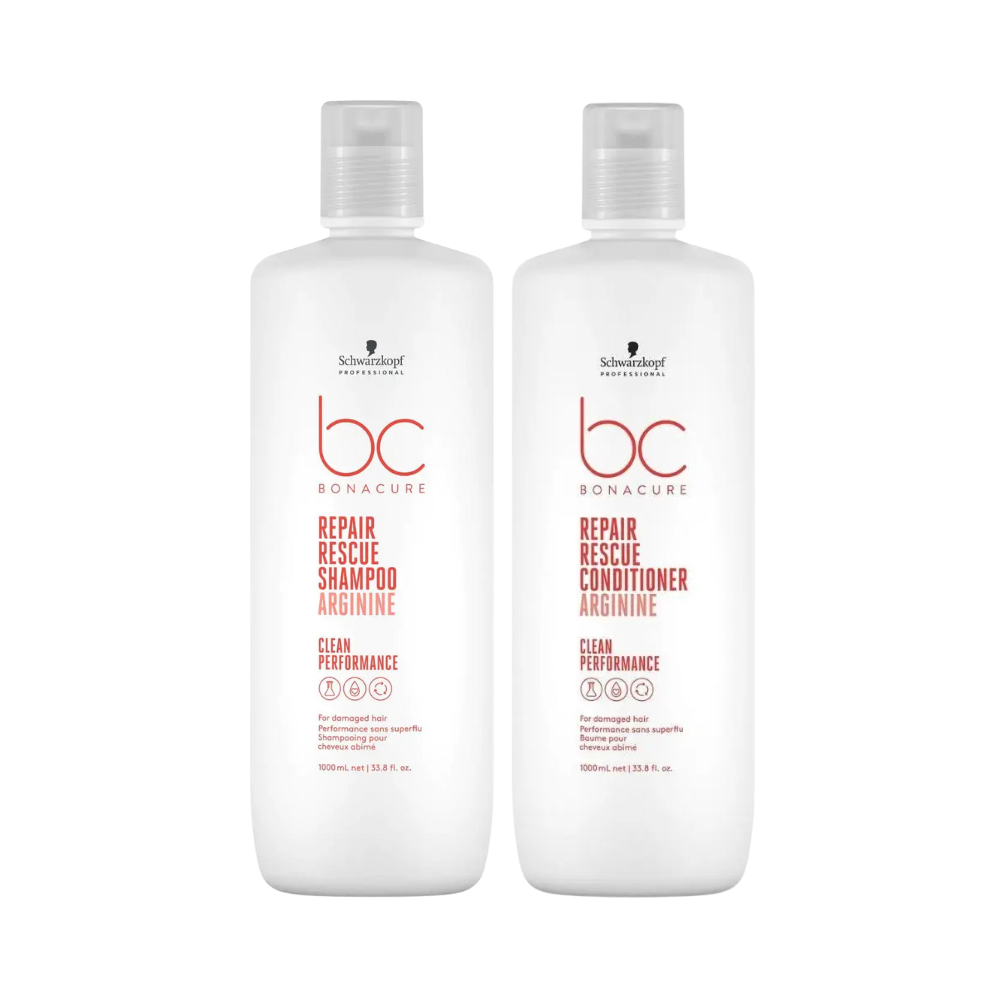 BC Bonacure Repair Rescue shampoo and conditioner bottles, 1000ml, white plastic.