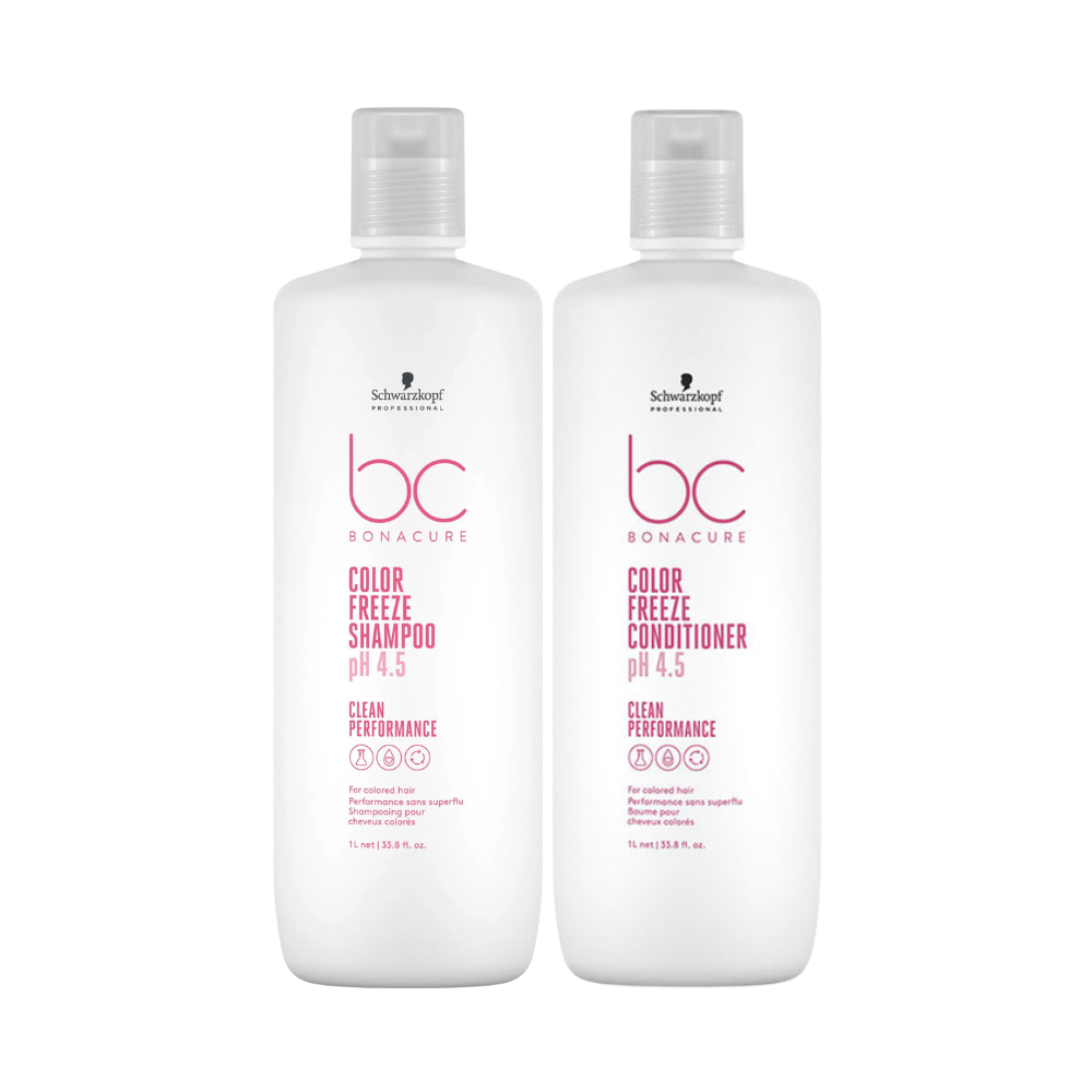 Schwarzkopf Professional bc Color Freeze shampoo and conditioner bottles, white