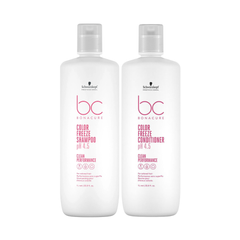 Schwarzkopf Professional bc Color Freeze shampoo and conditioner bottles, white
