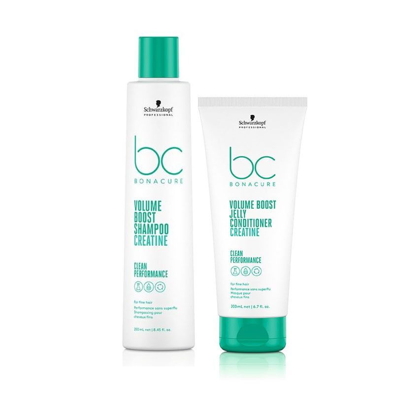Schwarzkopf BC Bonacure Volume Boost shampoo and conditioner set, clean performance.