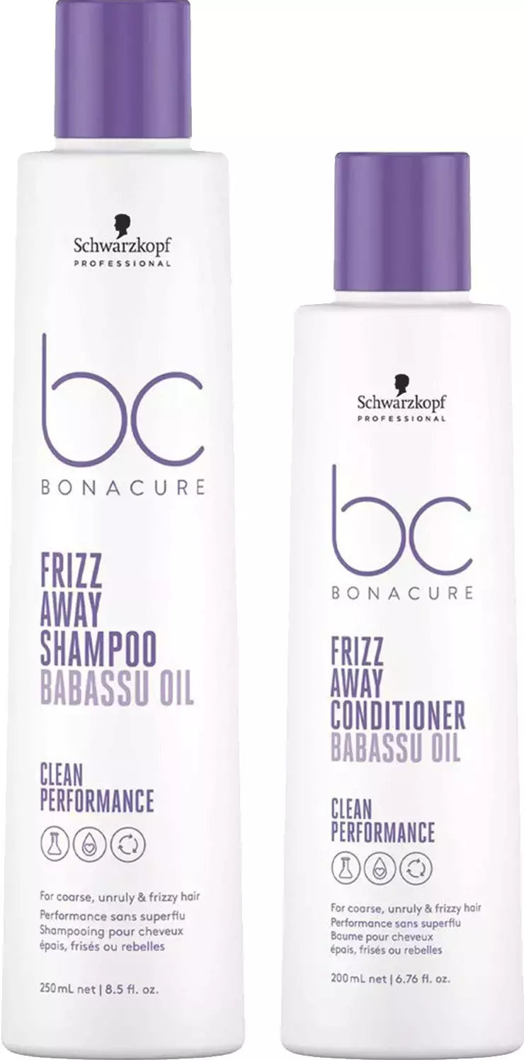 BC Bonacure Frizz Away shampoo and conditioner bottles, purple caps